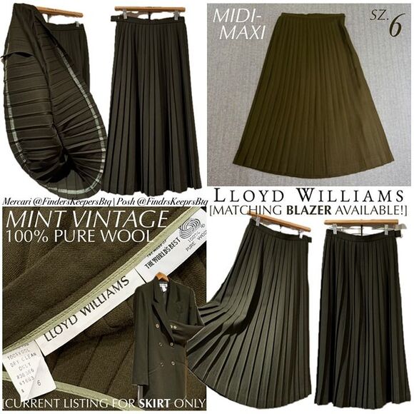 MINT VTG Lloyd Williams 100% Pure Wool Olive Green High Waist Pleated Midi Skirt - Picture 1 of 12